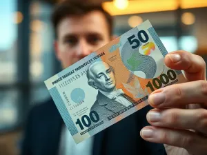 Mężczyzna trzyma w dłoniach rzadki banknot kolekcjonerski, prezentując jego szczegóły w eleganckim gabinecie.