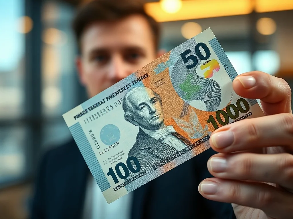 Zbliżenie na nowoczesny banknot z widocznym numerem seryjnym i zabezpieczeniami holograficznymi.