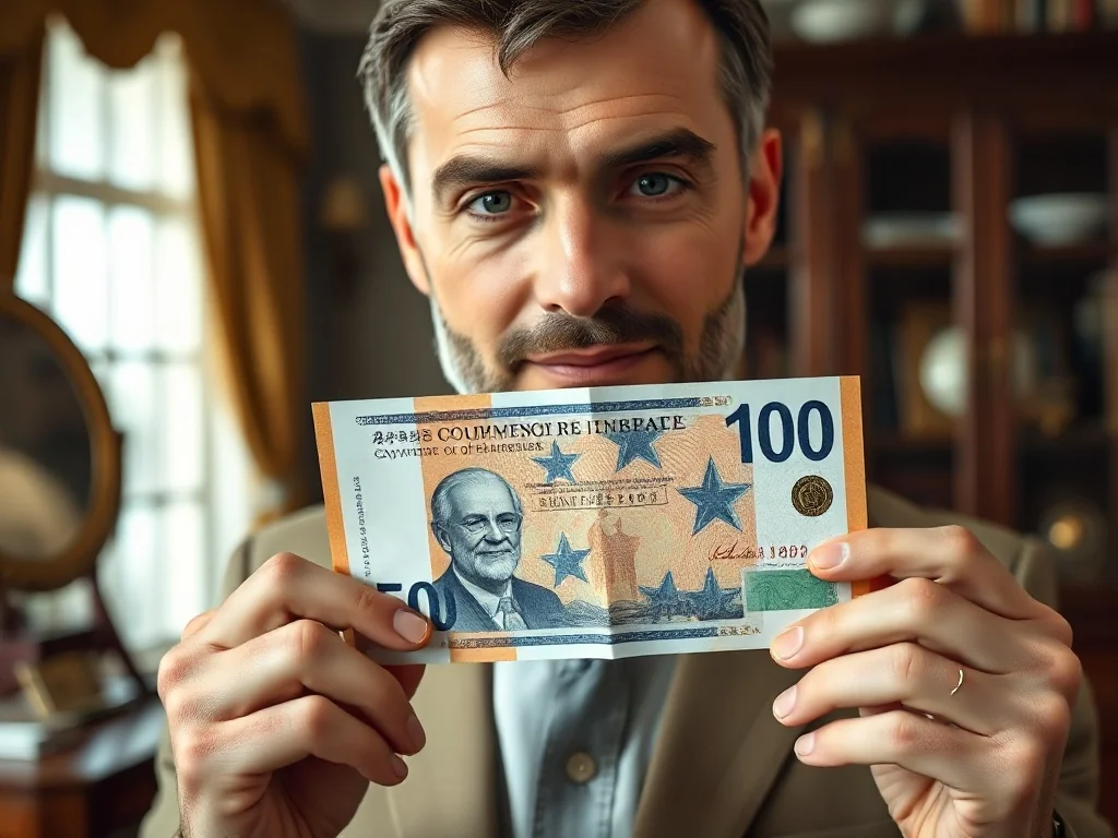 Mężczyzna trzyma w dłoniach rzadki banknot kolekcjonerski, prezentując jego szczegóły w eleganckim gabinecie.