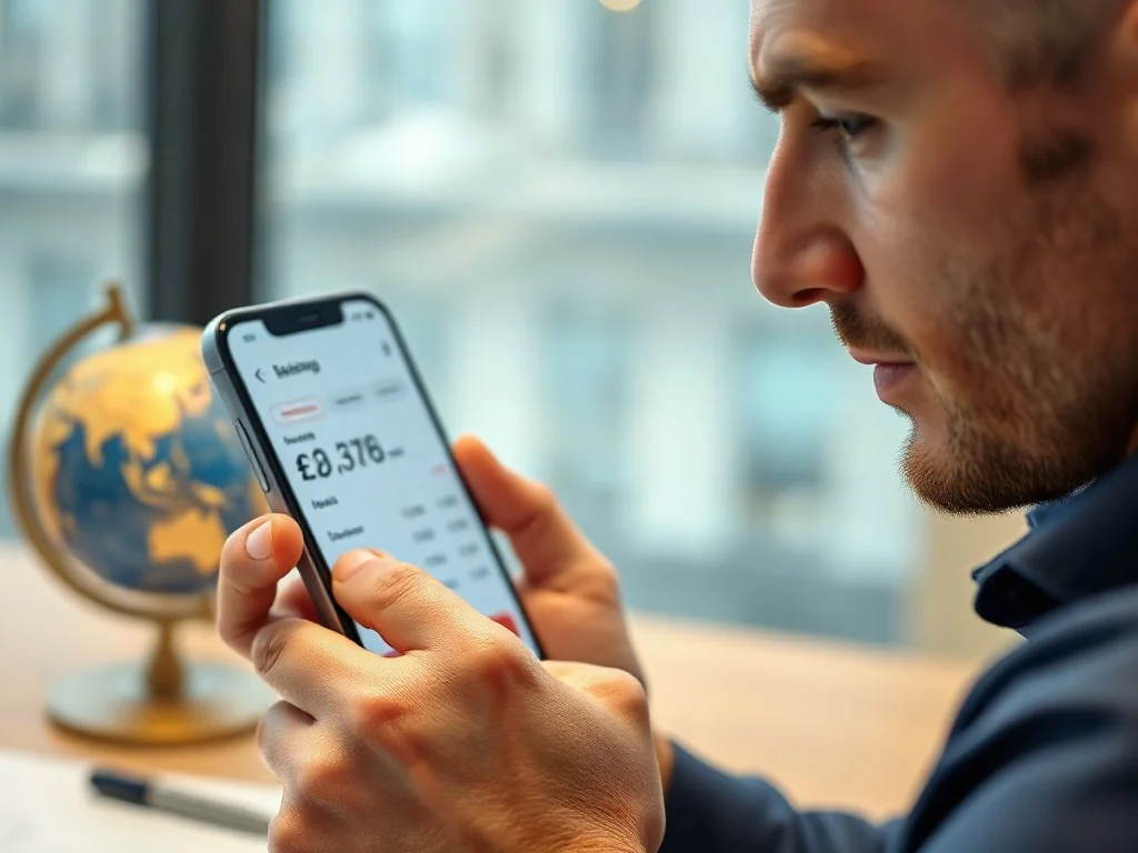 Mężczyzna sprawdza kursy walut w aplikacji bankowej na smartfonie, siedząc przy biurku w profesjonalnym biurze.