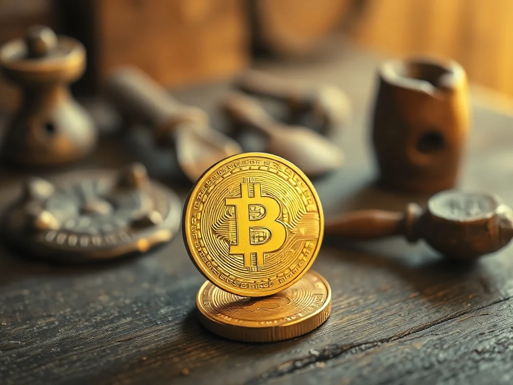 Fizyczna moneta Bitcoin na tle prymitywnych narzędzi, symbolizująca ewolucję pieniądza od barteru do kryptowalut.