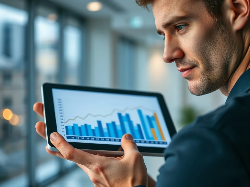 Mężczyzna trzymający tablet z wykresami finansowymi, symbolizujący cyfrowe zarządzanie pieniądzem fiducjarnym.