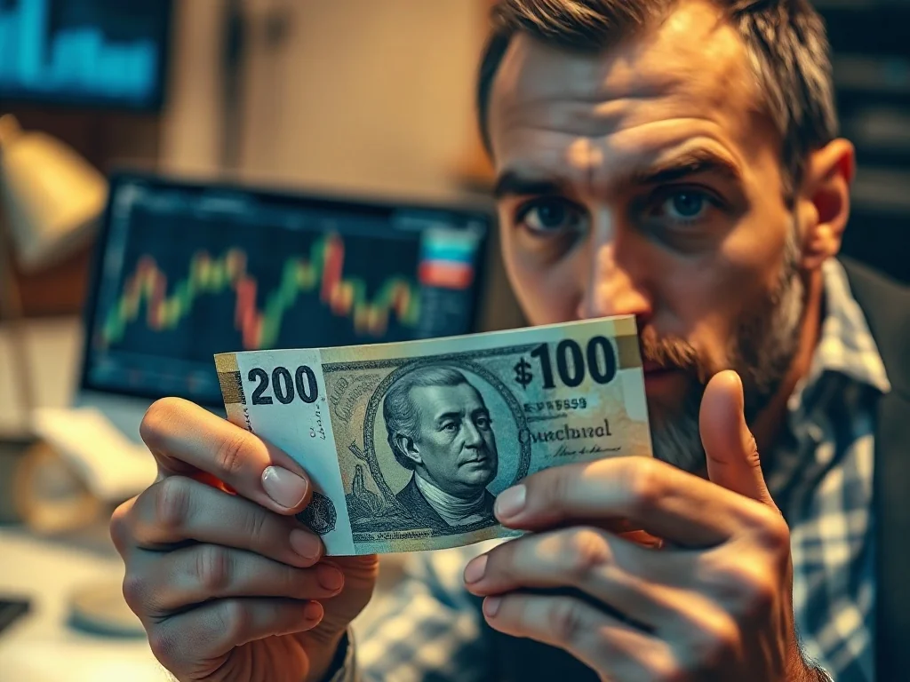Mężczyzna trzymający w dłoniach zabytkowy banknot na tle nowoczesnego biura z wykresami finansowymi.