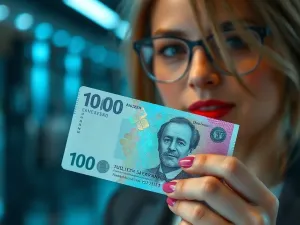 Zbliżenie na nowoczesny banknot z widocznym numerem seryjnym i zabezpieczeniami holograficznymi.