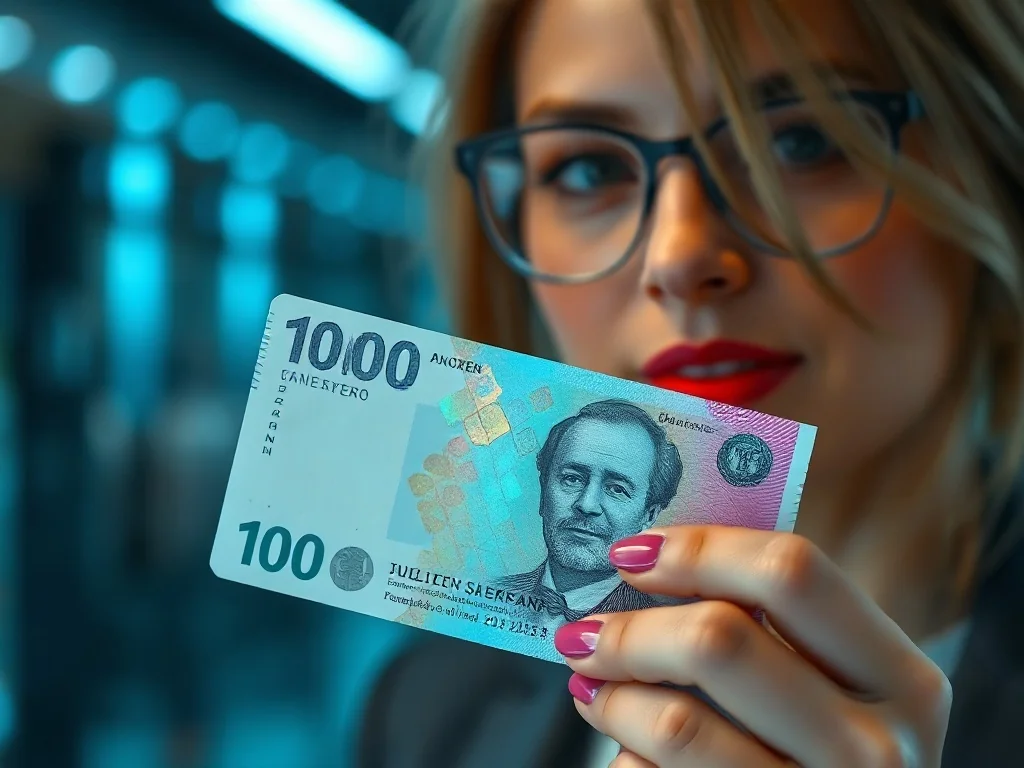 Zbliżenie na nowoczesny banknot polimerowy z widocznymi zabezpieczeniami holograficznymi i przezroczystymi elementami.