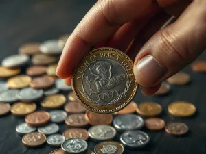 Złota moneta kolekcjonerska na drewnianym stole, w tle kolekcjoner badający inny egzemplarz przez lupę.