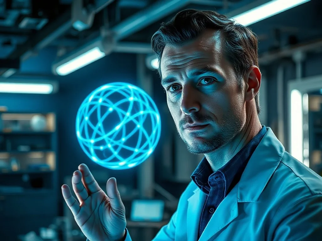 Mężczyzna w nowoczesnym laboratorium wchodzi w interakcję z trójwymiarowym, cyfrowym hologramem kuli ziemskiej.