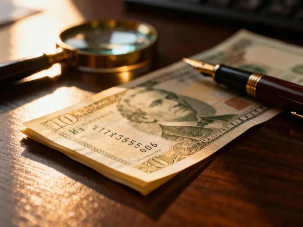 Zbliżenie na numer seryjny banknotu leżącego na drewnianym biurku, podkreślające detale zabezpieczeń pieniądza.