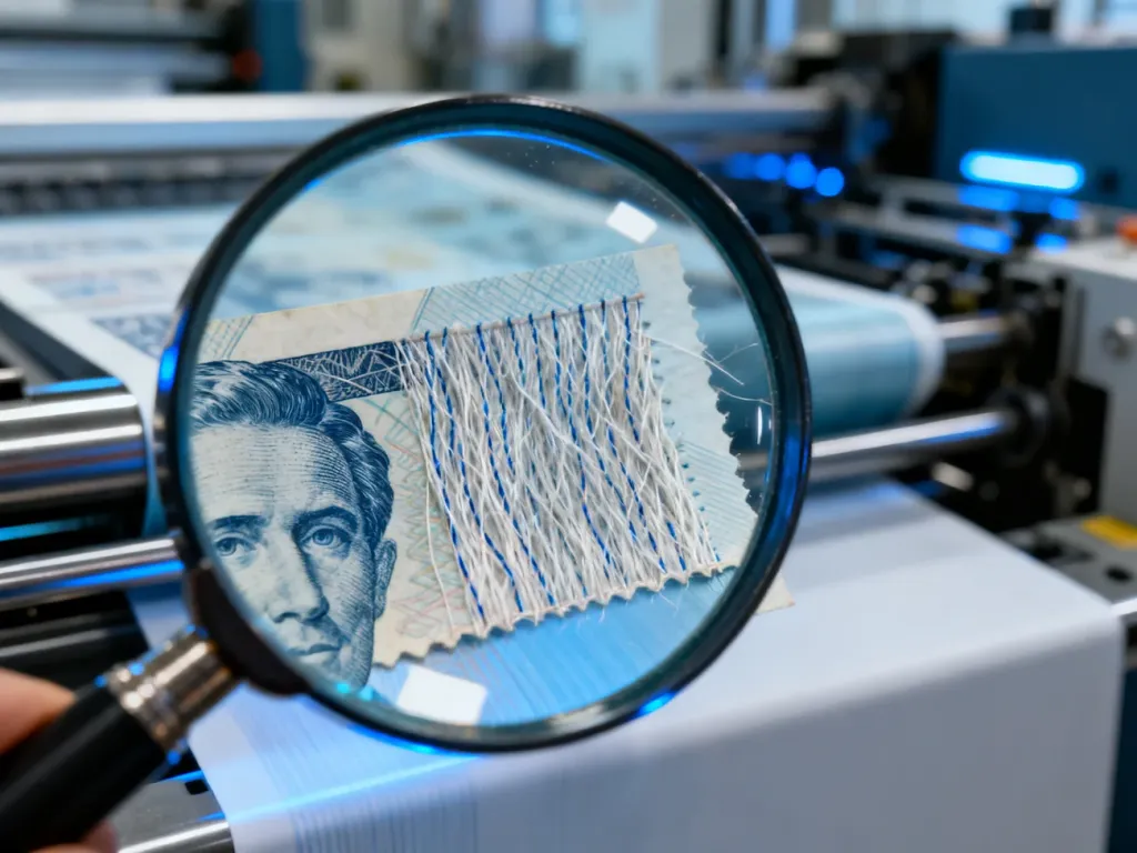 Zbliżenie na fragment banknotu pod lupą, ukazujące strukturę włókien papieru i zabezpieczenia przed fałszerstwem.