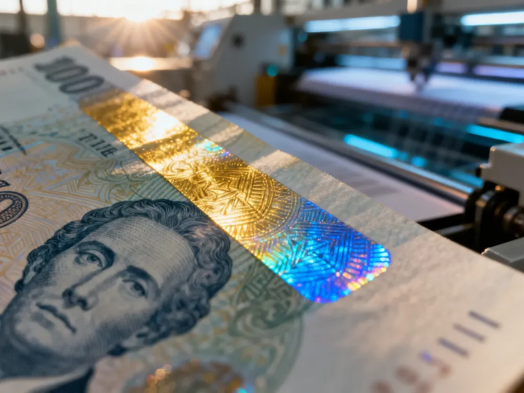 Zbliżenie na mieniący się hologram zabezpieczający na banknocie, ukazujące szczegółowe wzory dyfrakcyjne światła.