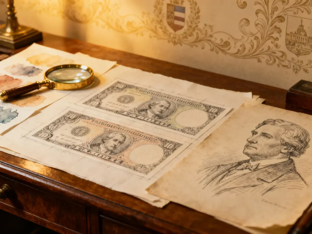 Pracownia projektanta banknotów z rysunkami, szkicami akwarelowymi i narzędziami rytownika
