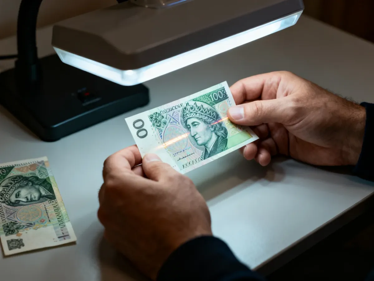 Sprawdzanie polskiego banknotu pod światło i porównywanie go z drugim egzemplarzem