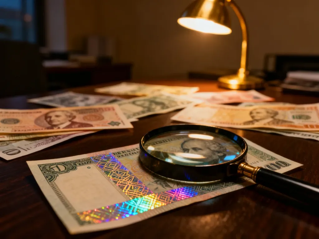 Różne banknoty międzynarodowe na drewnianym stole z lupą, pozwalającą dostrzec detale i zabezpieczenia walut.