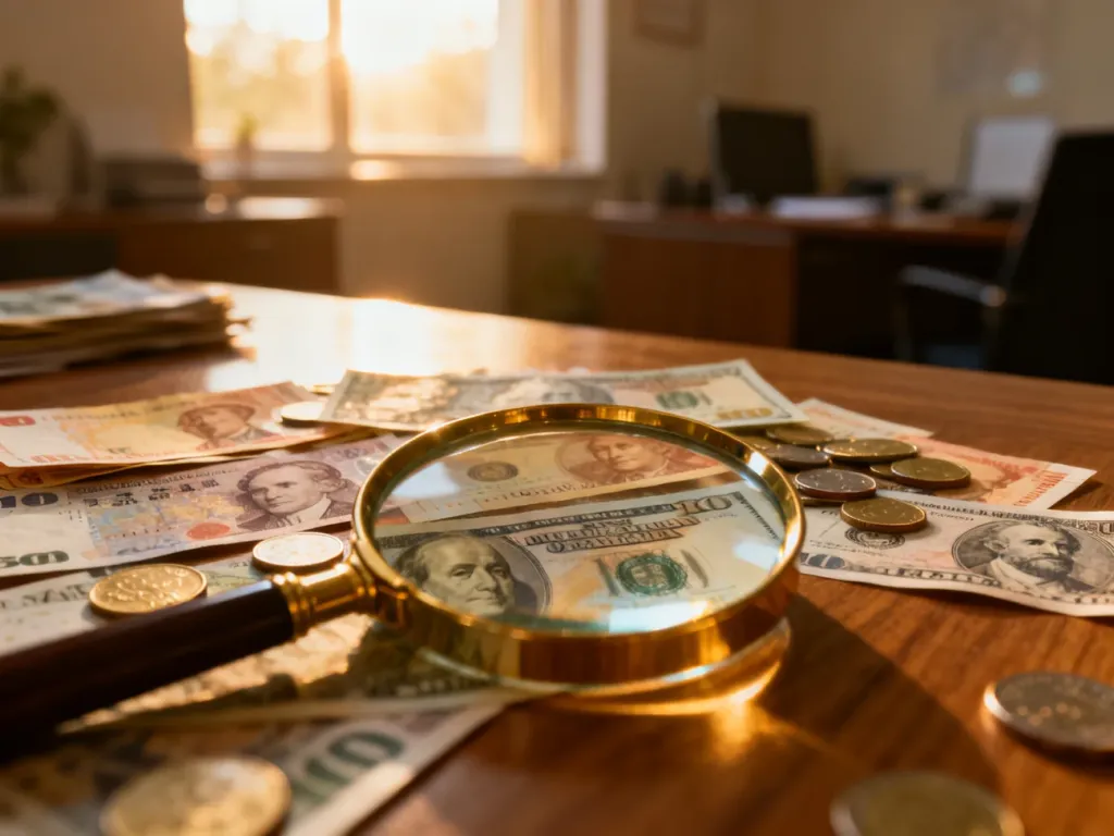 Różnorodne banknoty i monety z całego świata leżące na drewnianym stole pod lupą, symbolizujące globalną integrację gospodarczą.