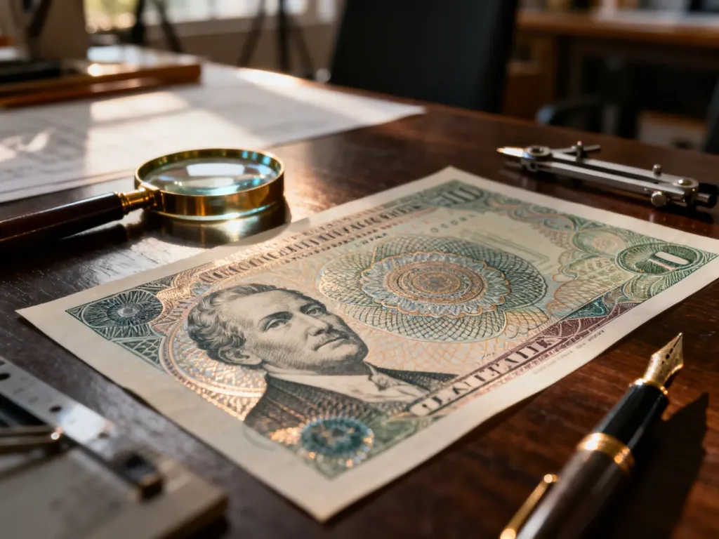 Warsztat projektanta banknotów z narzędziami kreślarskimi, detalami giloszowymi i metalicznymi teksturami na papierze.