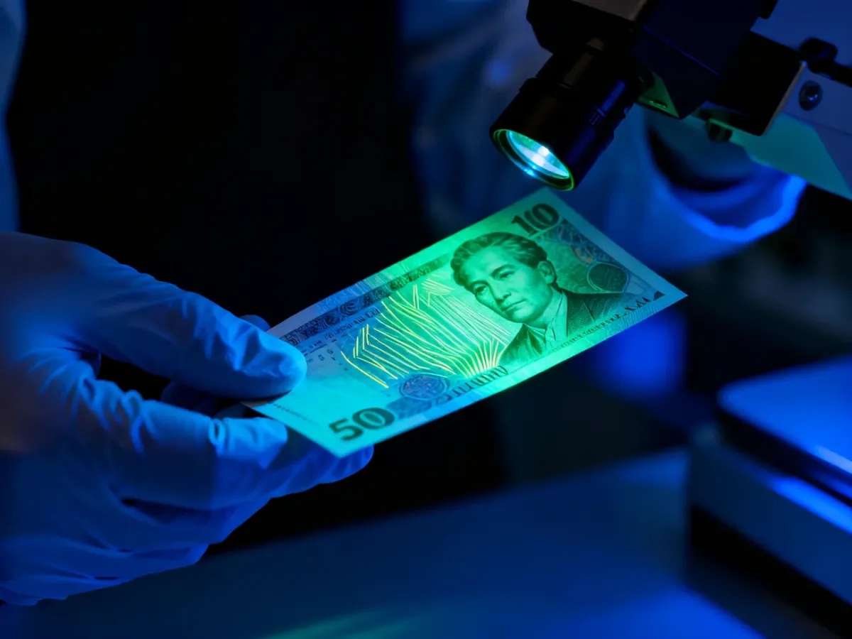 Kontrola zabezpieczeń banknotu pod światłem ultrafioletowym w laboratorium