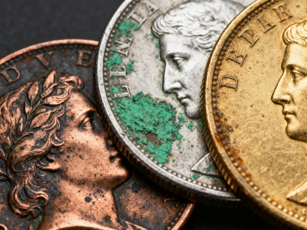 Miedziane, srebrne i złote monety ukazujące różne reakcje metalu